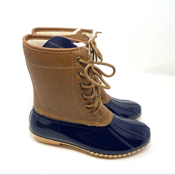 New in Box Brown Navy Blue Faux Fur Vegan Leather Waterproof Duck Boots - Picture 2 of 11